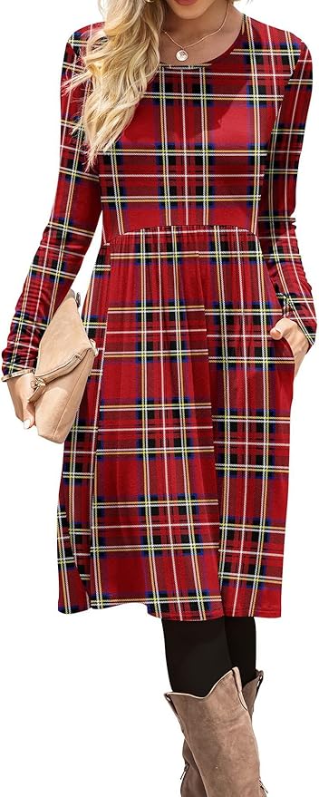 DB MOON Womens Casual Long Sleeve Dresses Empire Waist Knee Length Loose Dress with Pockets (DBL Red Plaid, 3XL)