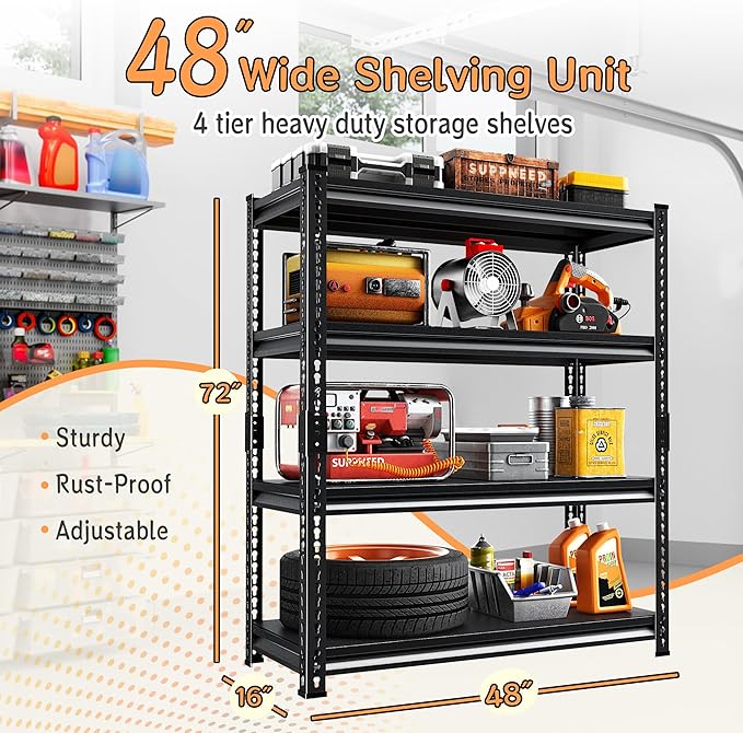 SUPPNEED Metal Garage Shelving Unit: 47.2" W x 15.7" D x 71.6" H Black