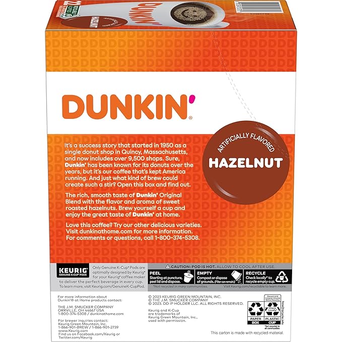 Dunkin’ Hazelnut Artificially Flavored Coffee, Keurig K-Cup Pods, 88 Count