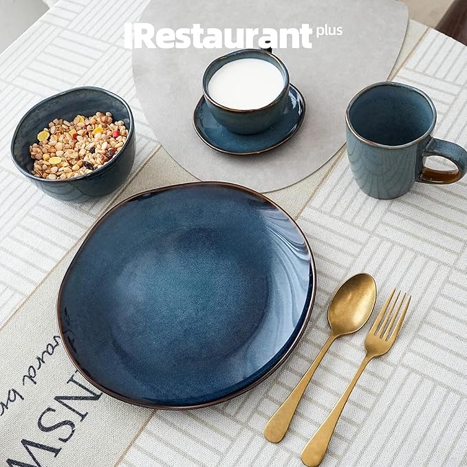 Organic Shape Highland Ceramic Dinner Plates, 12pcs 10.5 Inch Handmade Reactive Glaze Stoneware Plates with Wavy Edge, for Kitchen, Microwave & Dishwasher Safe, Scratch Resistant-Blue