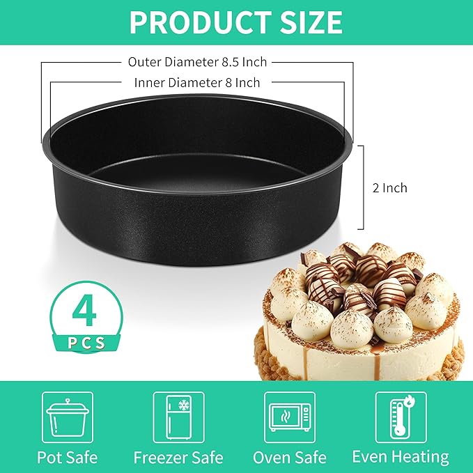 P&P CHEF 8 Inch Cake Pan Set, Non-stick Baking Pans for Cake, 4Pcs