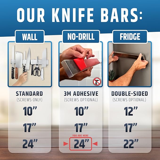 24" Strong Adhesive (No Drill) Magnetic Knife Holder for Wall - Professional Knife Strip - No Screws Needed - Adhesive Backing - Stainless Steel Knife Bar (Upgraded Version – Will Not Fall)