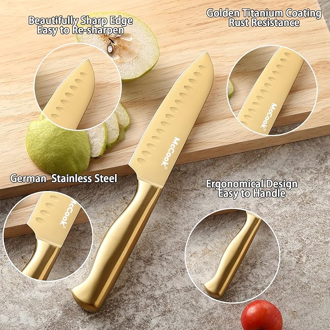 McCook Knife Set Gold Kitchen Knife Block Set w Built-in Sharpener