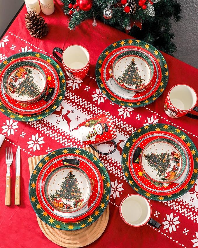 Hasense Dinnerware Set of 4, Ceramic Holiday Plates and Bowls Sets with Mugs, 16 Pieces Chip & Scratch Resistant Serving Dishes for Party Everday Use, Microwave and Dishwasher Safe
