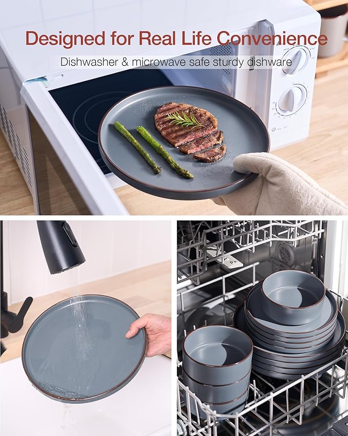 Famiware Nebula Ridge 12-Piece Stoneware Dinnerware Set, Charcoal