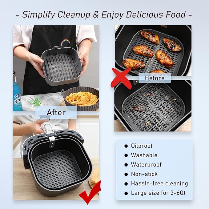 Silicone Air Fryer Liners Square,Pot 2Pcs 7.5inch Reusable Air Fryer Basket