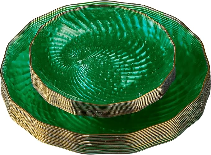 PLASTICPRO 30 Pack Plastic Plate Set of 15-10 inch Plates and 15-7 inch Plates, Elegant Clear Green Spiral and Gold Rim Disposable Fancy Plate Premium Heavyweight