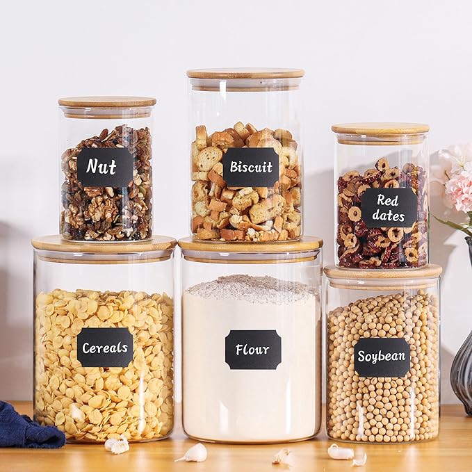 Wnaraa Glass Storage Containers with Lids, Glass Jars with Bamboo Lids, Large Food Storage Jar, Sugar, Pantry Storage Container for Pasta Rice Flour Oats Nuts Tea Spice (Round 27oz*2+54oz*2+100oz*2)