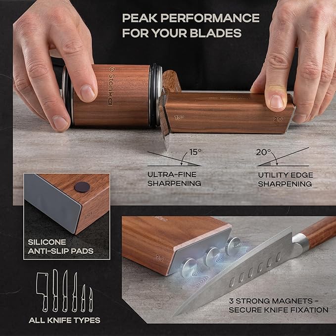 Stonka Walnut Rolling Knife Sharpener Kit – Premium Dark Wood, Diamond Wheels, Magnetic Angle Guide 15° & 20°, Leather Strop – Giftable Packaging