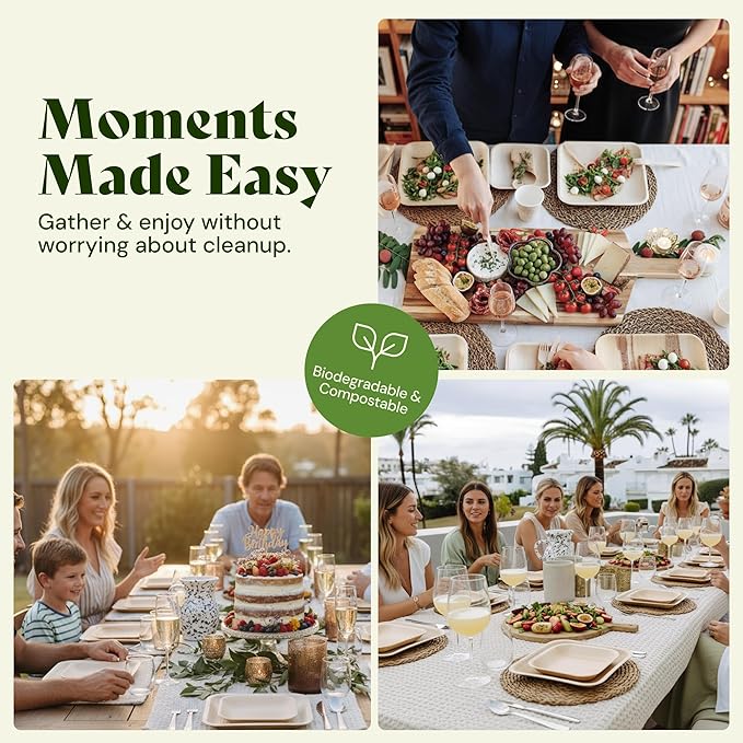 Chic Leaf Palm Leaf Disposable Bamboo Plates - Square Party Plates for Weddings, Parties, Event Appetizers - Biodegradable & Compostable - Party Supplies (8", 20 Pack)