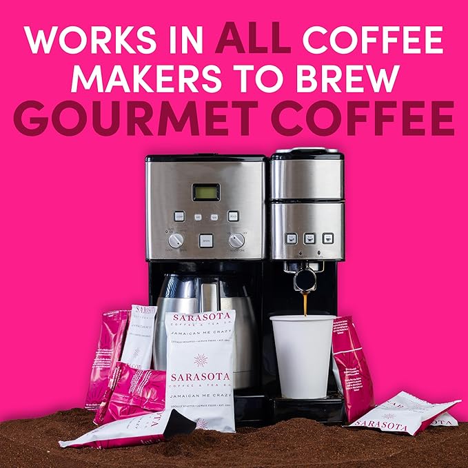 Coffee Packets – Bulk Jamaican Me Crazy Coffee Fractional Packs | Gourmet Flavored 1.75 oz Single-Pot Pouches for 12 Cup Brewers | Low Acid Mold Free Assorted Sampler Box, 100 Count – Sarasota