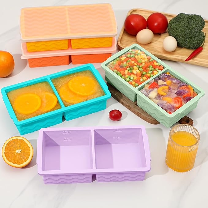 2-Pack Silicone Freezer Trays with Lid, 2 Large 2-Cup(500ml) & 6 Small 1/2-Cup(125ml) Soup Freezer Container Molds, Ice Cube Tray For Meal Prep & Freezing Soup, Stews, Sauces, Oven & Dishwasher-Safe