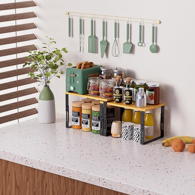 Adjustable Storage Shelves for Kitchen Cabinet Organization - Set of 2 Stackable Metal & Solid Wood Racks, Space-Saving Design for Countertop/Pantry/Garage, Easy Assembly(2 Packs/Medium/Black)