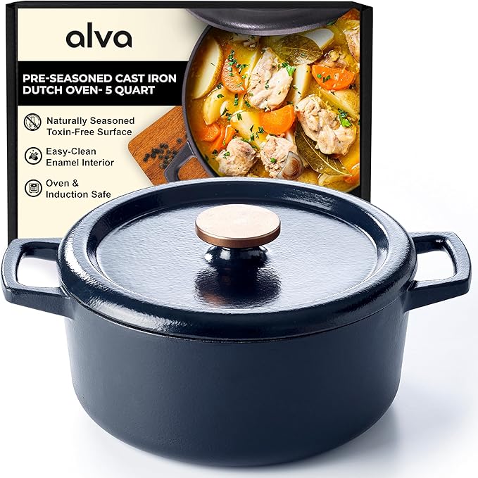 Alva Nori 5-Qt Enameled Cast Iron Dutch Oven with Lid, Black Casserole Pot