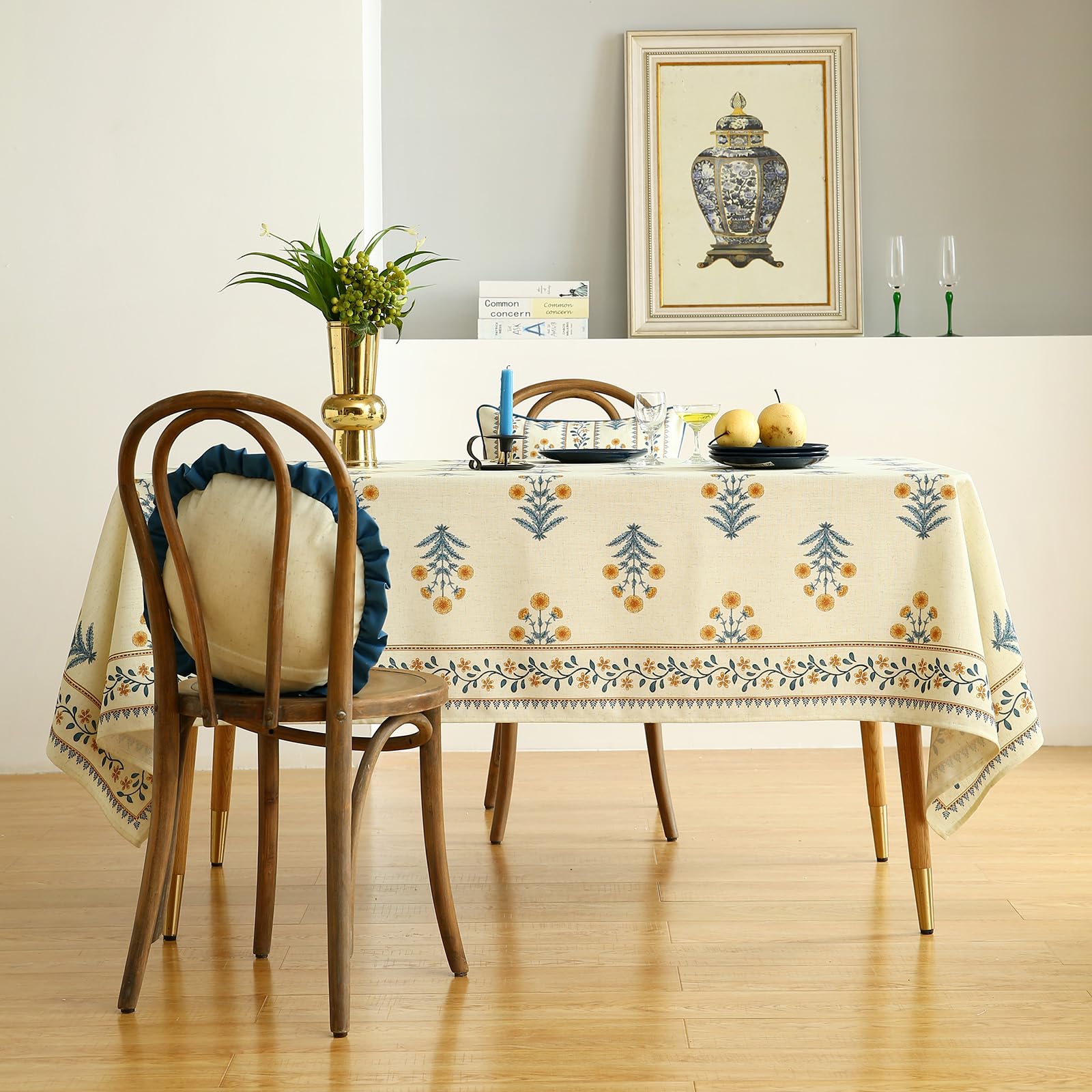 ISAENNE Designer French Linen Rectangular Tablecloth,102"x63"-Estevan A