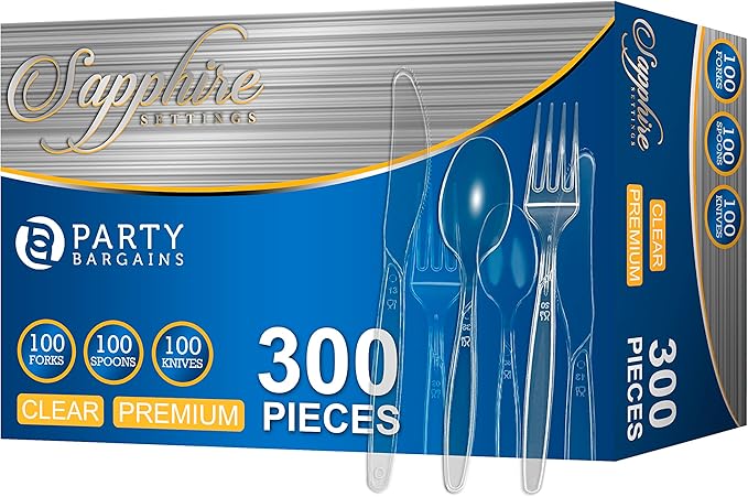 Party Bargains Disposable Cutlery Set Color: Clear Sapphire 300 Pcs: 100 Spoons, 100 Knives, 100 Forks. Heavy Duty & Solid Disposable Silverware Utensils Set for Weddings, Buffets, Luncheons