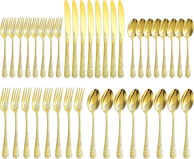 40 Pcs Gold Silverware Set for 8, Food Grade Stainless Steel Flatware Set, Eating Utensils Sets Include Fork/Knife/Spoon, Reusable Cutlery Set for Home Kitchen, Dishwasher Safe, Embossed pattern-1