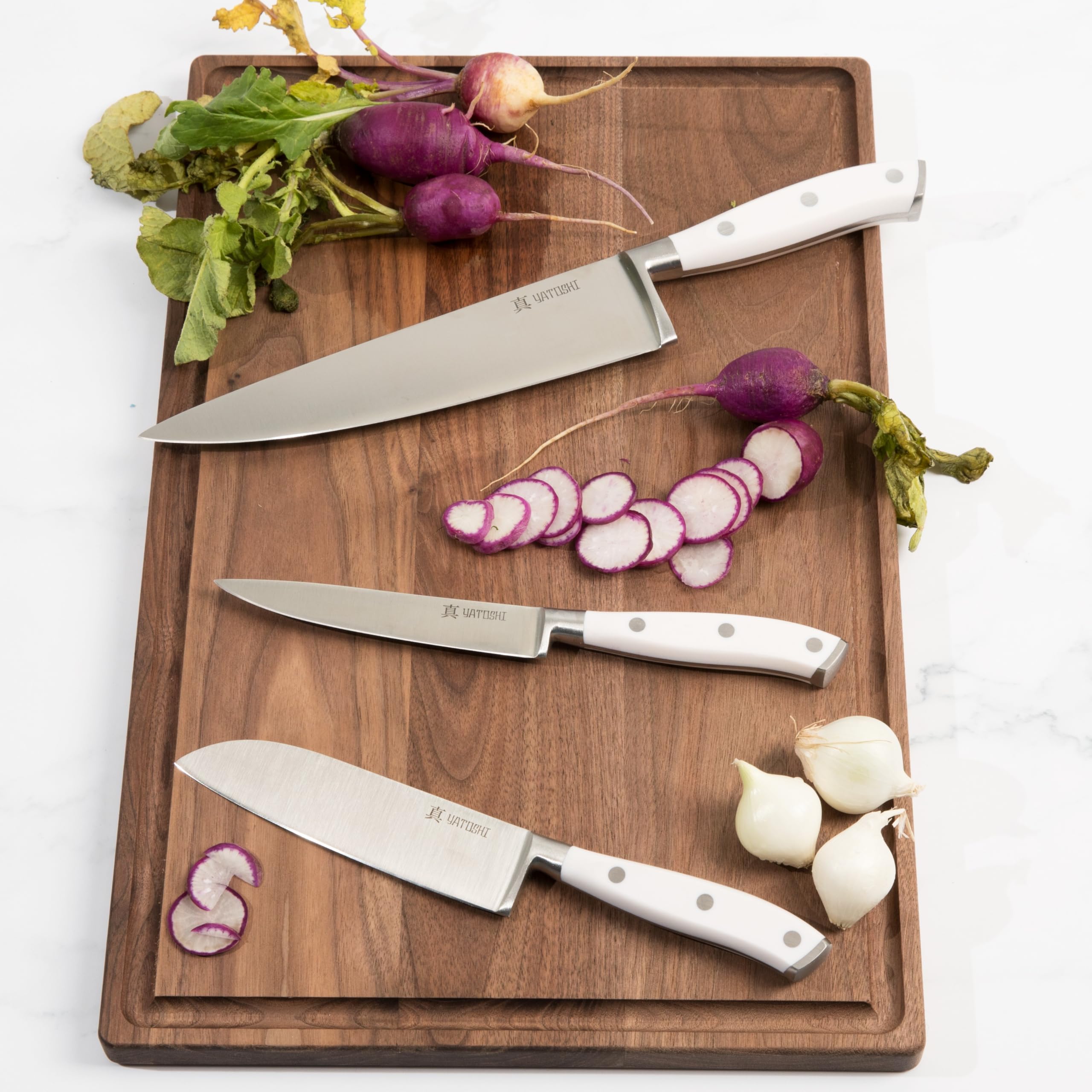Yatoshi 15 Piece White Knife Block Set - Pro Kitchen Knife Set Ultra Sharp High Carbon Stainless Steel with Ergonomic Handle