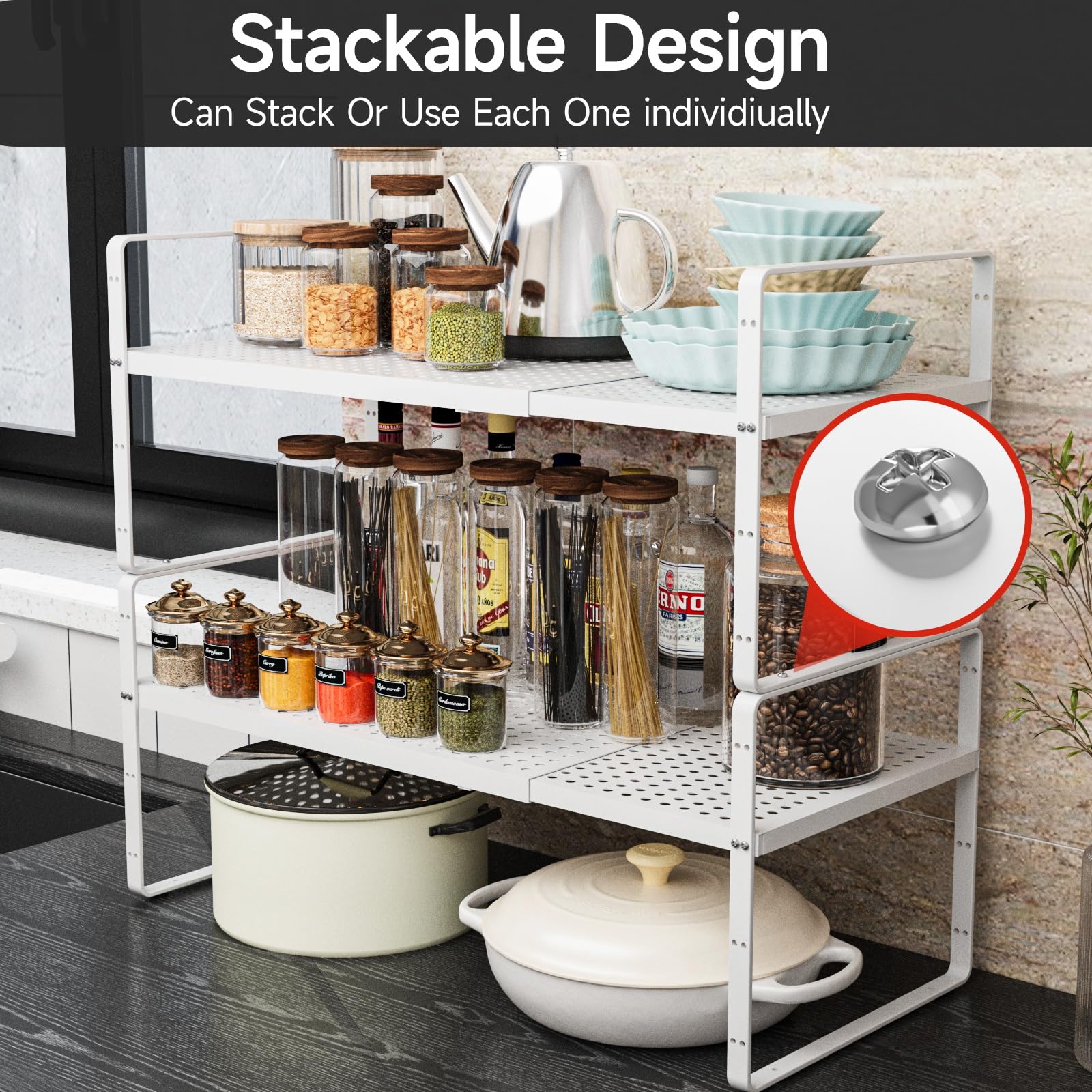 jkxoo 2Pcs Expandable Cabinet Shelf Organizers, 16.5"~27''L, White