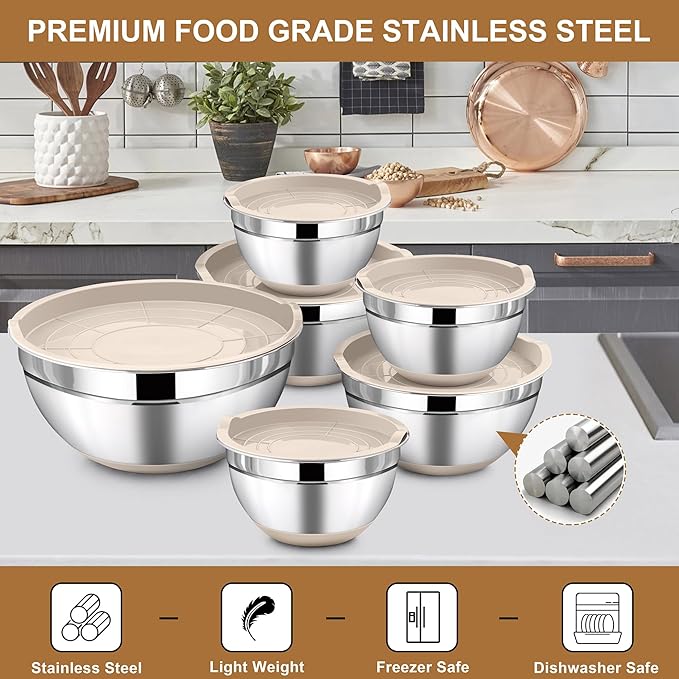 LIANYU 6 Piece Mixing Bowls Set with Airtight Lids, Metal Nesting Bowl
