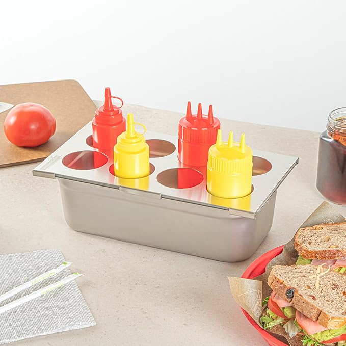 Restaurantware Squeeze Bottle Organizer - 1 Count - 12.795 x 7.087 x 0.394 Inches Stainless Steel Condiment Holder - Pan-Compatible Bottle Holder - Silver
