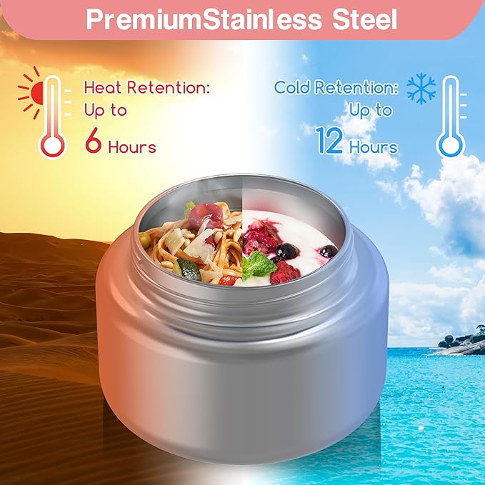 JoyYum Bento Box for Kids - Leak-Proof Bento Lunch Box with Insulated Thermo Food Jar - 4 Compartments, 1 Removable Divider, 1 Spoon, 1 Fork - Dishwasher Safe, BPA-Free (Light pink)