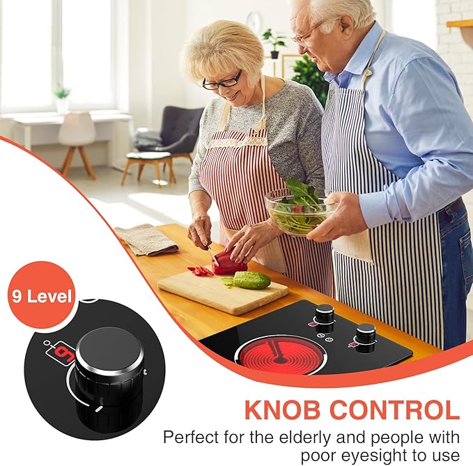 GTKZW 110v Electric Cooktop 2 Burners, 12'' Electric Stove Top with Plug in, Knob Control Countertop & Built-in Ceramic Cooktop, 9 Power Levels, Child Lock, Timer, Over-Heat Protection