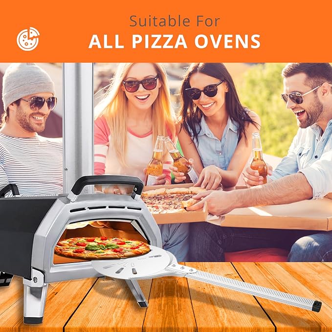 Pizza Turning Peel, 8-inch Pizza Peel Turner Spinner with Non-Slip Long Handle & Silicone Hanging Hook, Essential Pizza Oven Accessories for Outdoor & Indoor Baking, Even Crispy Crust Every Time
