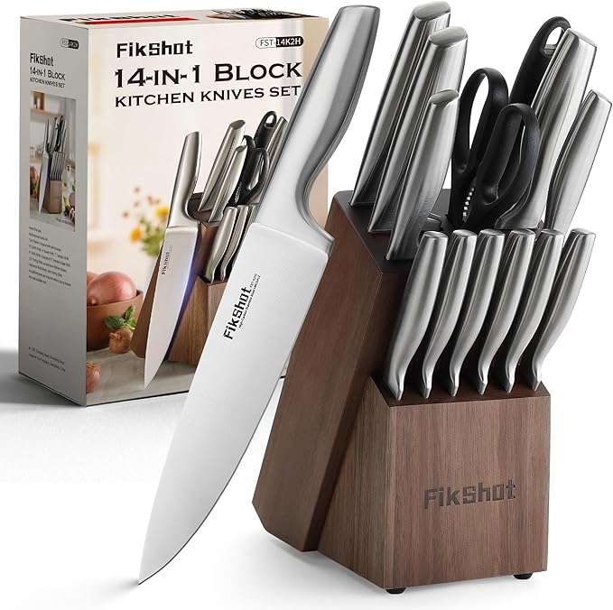 FIKSHOT 14 Pieces Knife Block Set German Stainless Steel with Sharpener