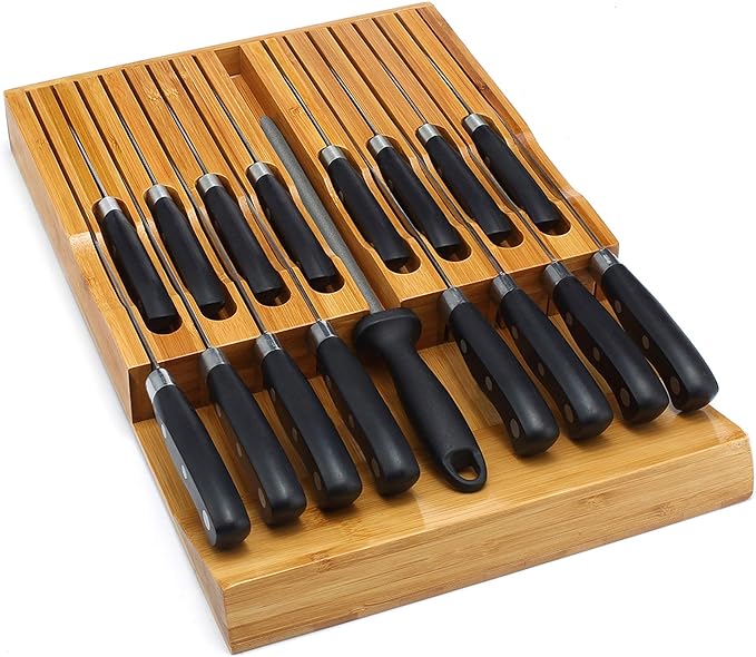 VaeFae In-Drawer Knife Block,Bamboo Knife Drawer Organizer Insert, Kitchen Knife Drawer Storage for 16 Knives PLUS a Slot for your Knife Sharpener (Without Knives)