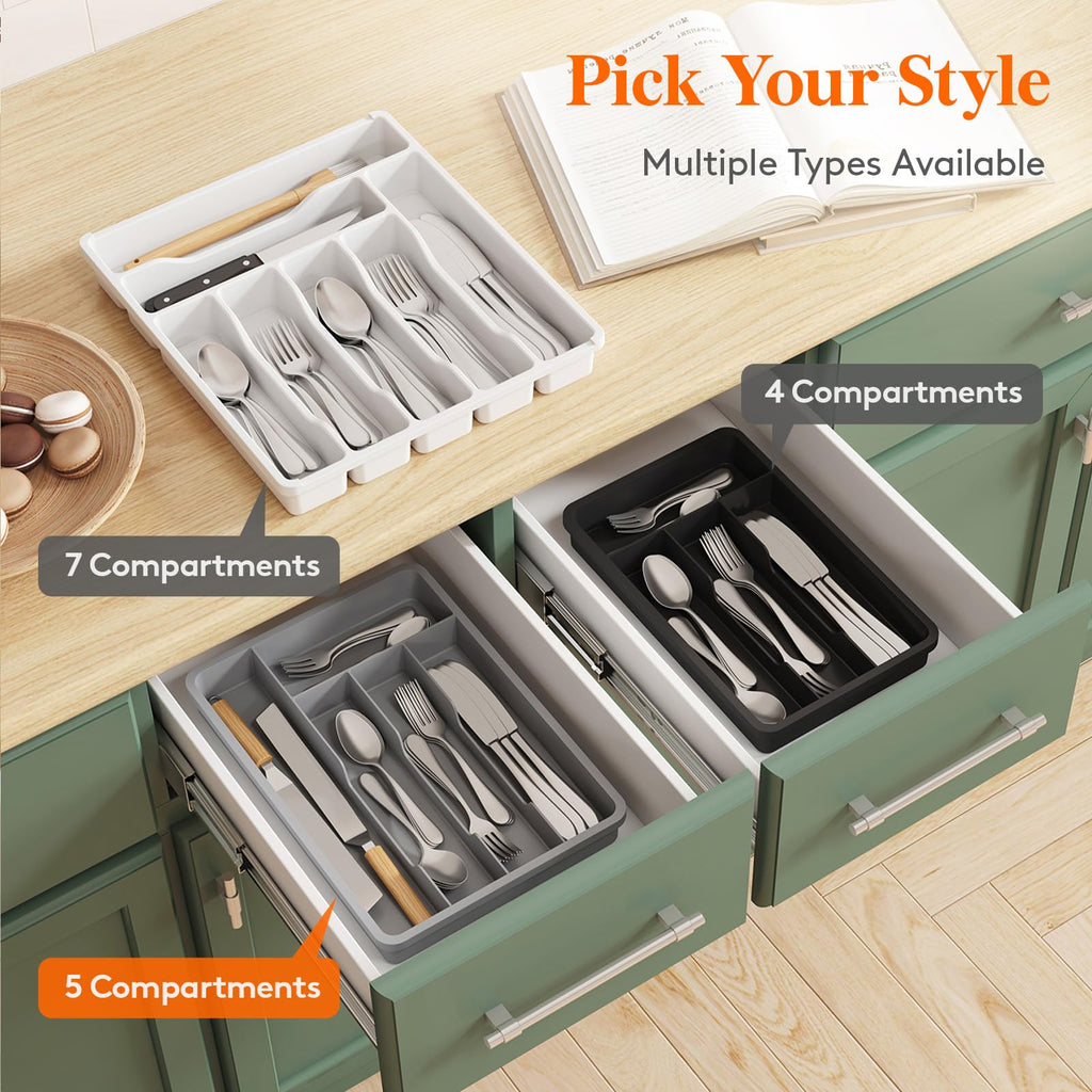 Lifewit Silverware Drawer Organizer Tray, Plastic Cutlery Storage for Kitchen, Flatware and Utensil Holder Divider for Spoons Forks Knives Tableware, 9.5 x 13.4", 5 Slots, White