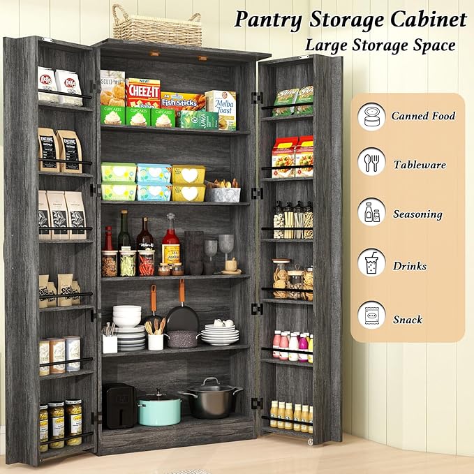 Vrmuxita Tall Kitchen Pantry Cabinet: Food Pantry Cabinets for Kitchen Storage, Grey Wood Storage Cabinet with 2 Doors, Farmhouse Cabinets with Freestanding Cupboard (Grey)