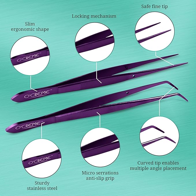 O'Creme Stainless Steel Kitchen Tweezer Tongs, Curved & Straight