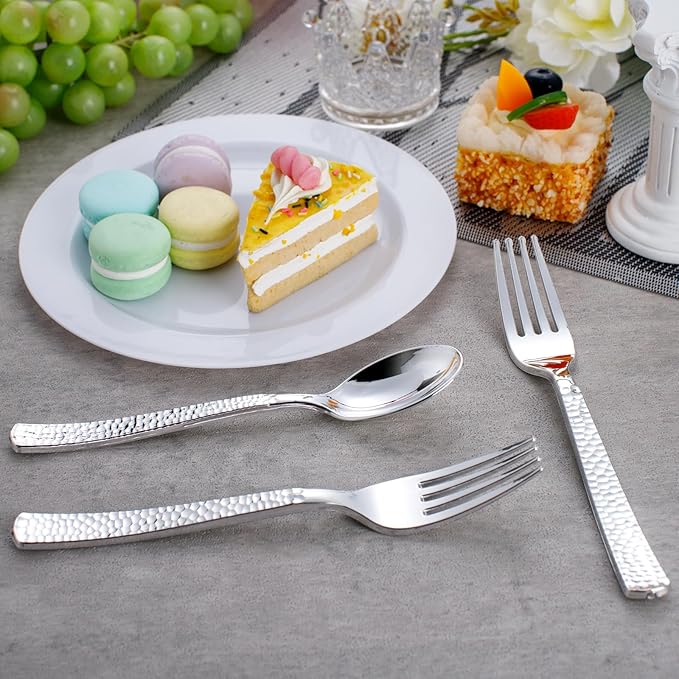 KIRE 400PCS Silver Plastic Forks and Spoons Disposable-Heavy Duty Plastic Silverware Set Silver Spoons and Forks-200 Forks and Spoon for Parties/Birthday/Wedding/Father's Day