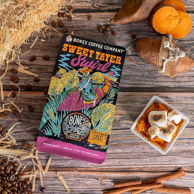 Bones Coffee Company Sweet Tater Swirl, Cinnamon Sweet Potato Flavored Coffee, Medium Roast Low Acid Arabica Beans Compatible with Auto drip and French Press Coffee Maker, 12 Oz Whole Bean