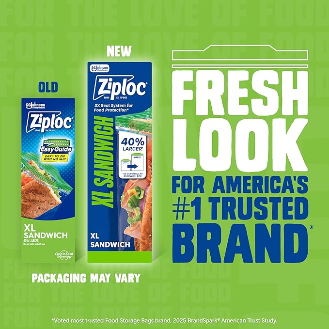 Ziploc XL Sandwich and Snack Bags, Easy Open and Close, Plastic Food Storage Bags, 90 Bags Total