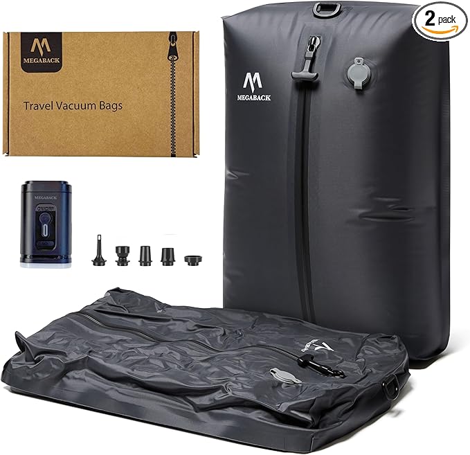 Megaback Vacuum Bags for Travel, IP67 Reusable Vacuum Seal Bags for Clothing with Electric Pump, Vacuum Seal Packing cube for Suitcases, Backpack & Travel (2PC+Pump)
