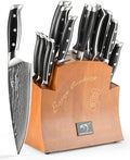 16-Piece Damascus Knife Set with Block, VG10 67-Layer Damascus Steel Kitchen Knife Set with Triple-Rivet Handles, 6 Steak Knives, Meat Fork, Sharpener & Scissors, Natural Wood