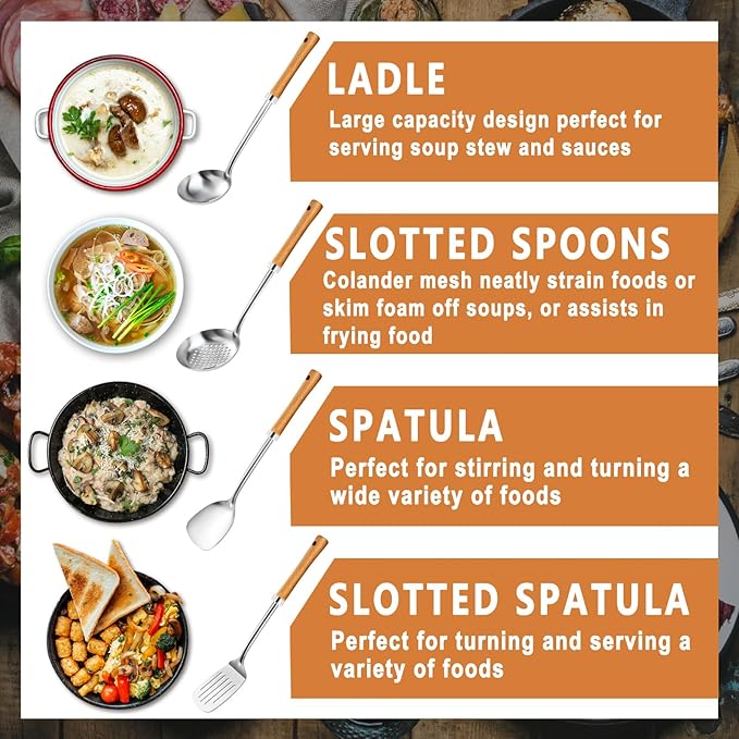 Pleafind 4-Pcs Cooking Utensils Set, Stainless Steel Kitchen Utensils with Wooden Handle, Kitchen Essentials Set Include Wok Ladle, Slotted Spoon, Wok Spatula and Slotted Spatula, Dishwasher Safe