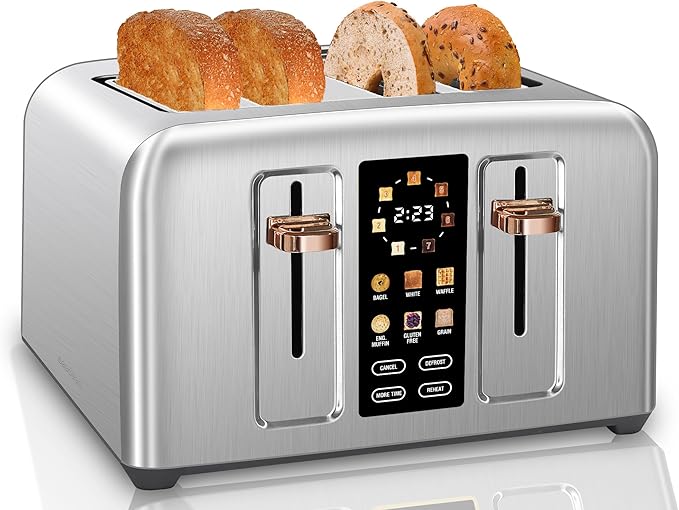 SEEDEEM Touchscreen Toaster 4 Slice, 7 Shade, Stainless, 1800W Silver Metallic