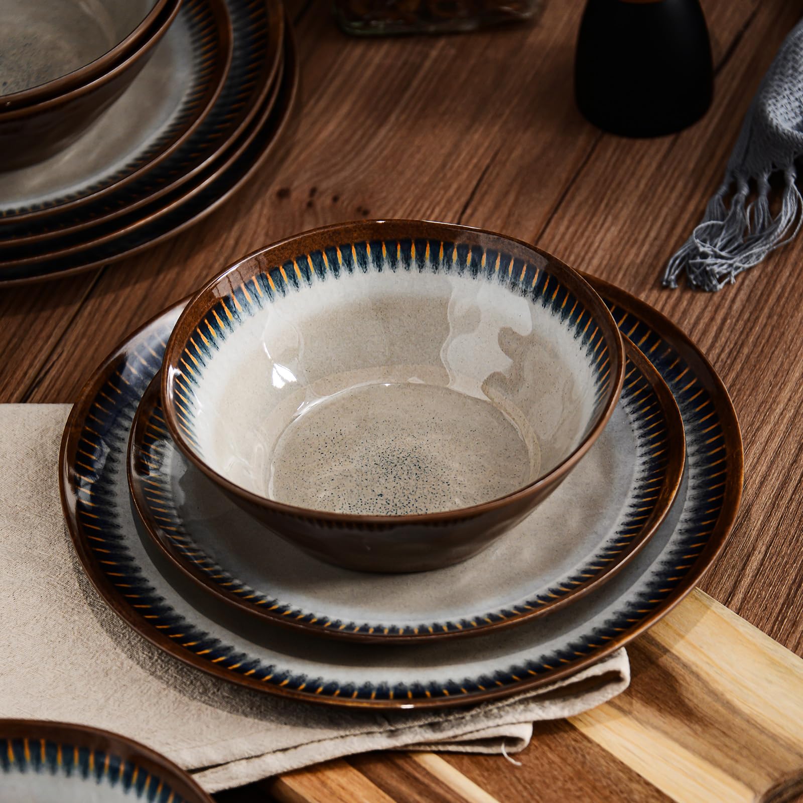 Gufaith Melamine Dinnerware Set, 12 Pcs Dishware Sets, Plate and Bowl Set Service for 4, Lightweight and Unbreakable Dinnerware Sets for Camping, Great for RV, Dishwasher Safe, Sahara Beige and Blue