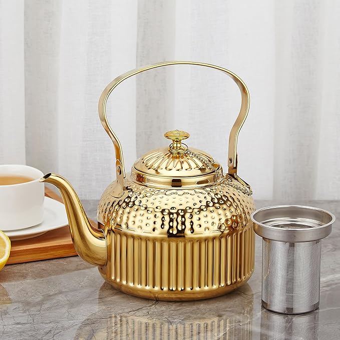 SANQIAHOME Antique 1.4L (45 Oz) Stainless Steel Teapot with Infuser Gold