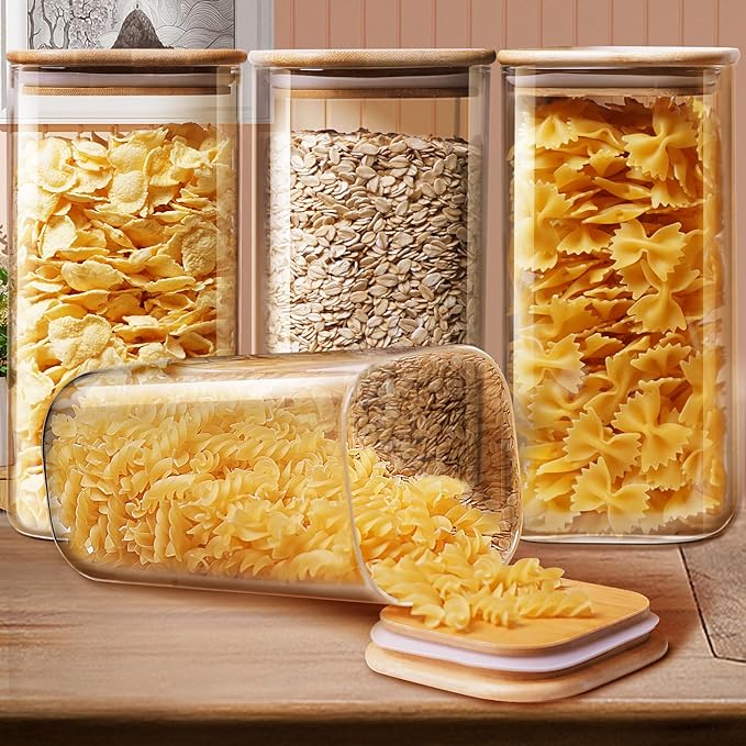 53 oz Square Glass Food Storage Containers with Airtight Bamboo Lids, 4Pack