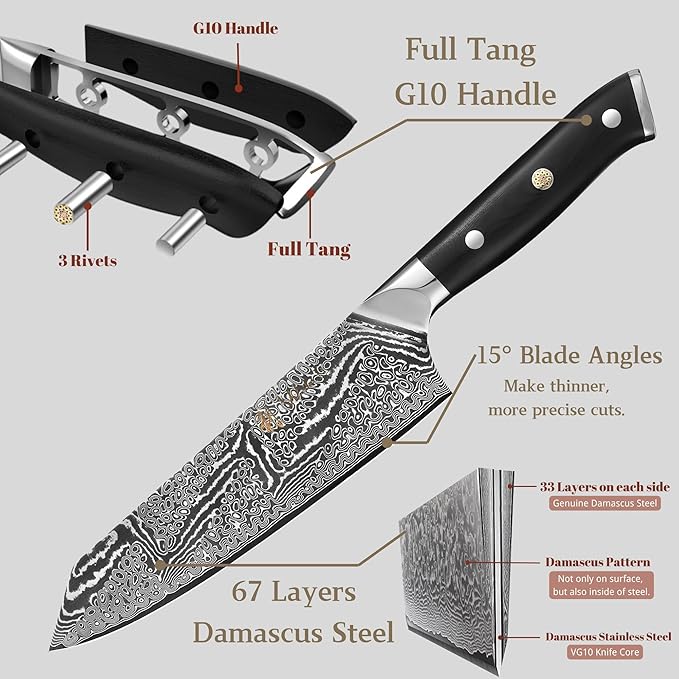Wakoli Nitoko 3-Piece Kiritsuke Damascus Knife Set, VG10 Steel, G10 Handles