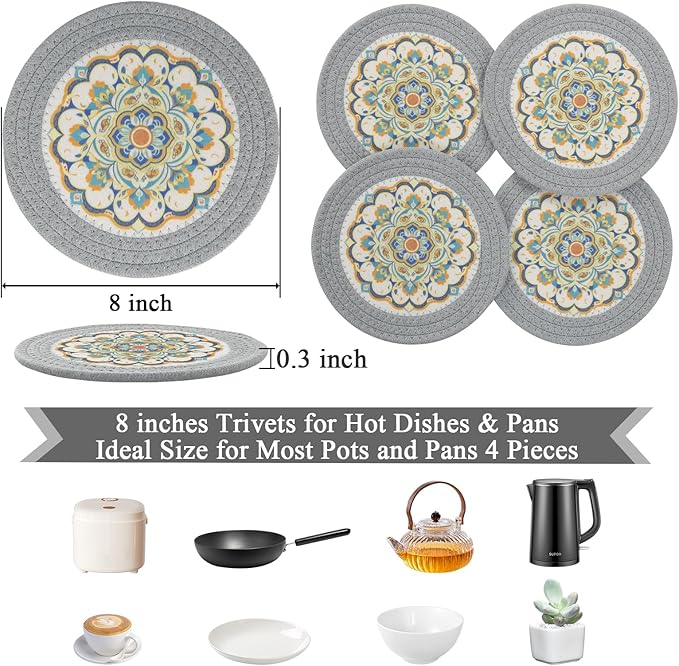 SHACOS 8 Inches Trivets for Hot Dishes, Floral Pattern Trivet Mats 4 Pieces