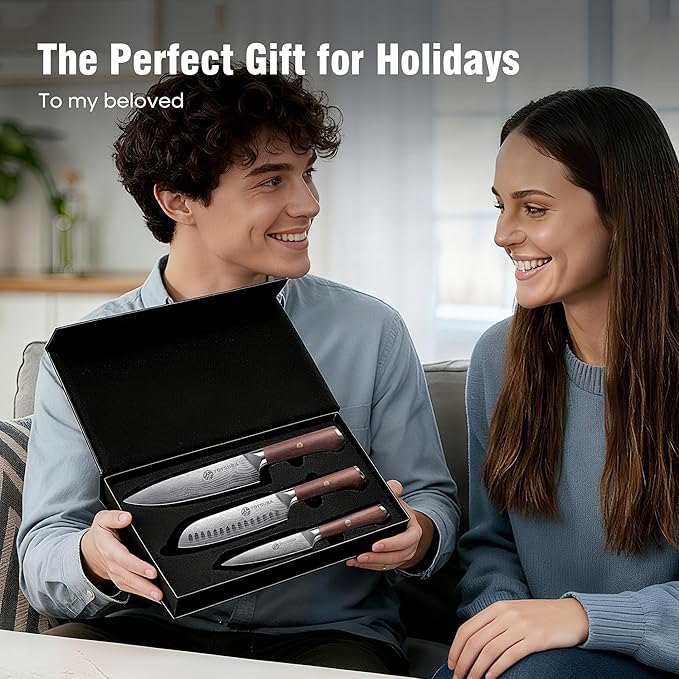 YOTSUBA 3 PCS Japanese Kitchen Knife Set, Razor Sharp High Carbon Stainless Steel Chef Knives with Ergonomic Natural Rosewood Handle, Premium Gift Box for Home & Restaurant Use