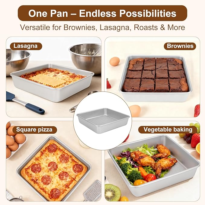 Logario 9 x 9 Inch Square Baking Pans, Set of 2, 0.8 mm Heavy-Duty Aluminized Carbon Steel Nonstick Brownie and Cake Pans, Textured Bottom, Oven Safe to 450°F, Silver