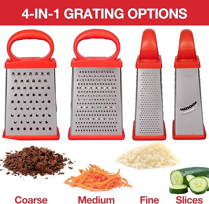 Stainless Steel 4 Sided Box Grater with 2 Storage Containers and Lids, Mess Free Cheese Shredder, Slicer and Vegetable Grater, Slip Resistant, Dishwasher Safe Kitchen Tool