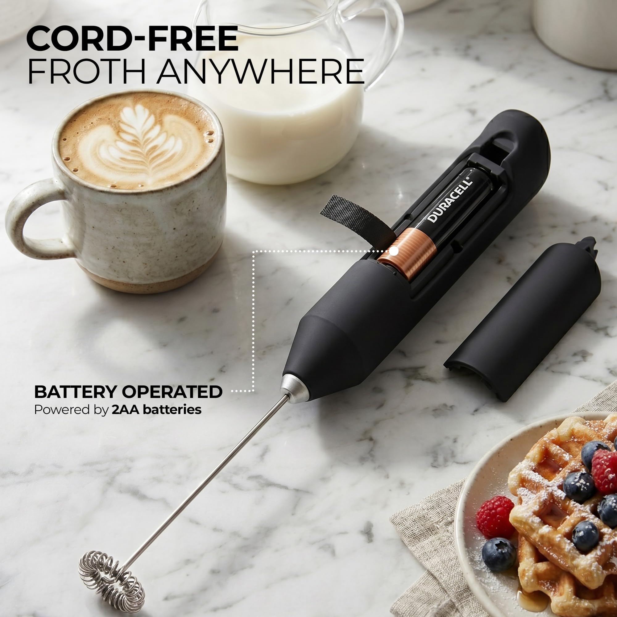 Zulay Kitchen Milk Frother Handheld - Mini Frother Wand, Milk Mixer, Drink Whisk for Coffee, Matcha Essentials & More, Stick Frother for Protein Shakes, Froster Mixer - AA Batteries Included - Black