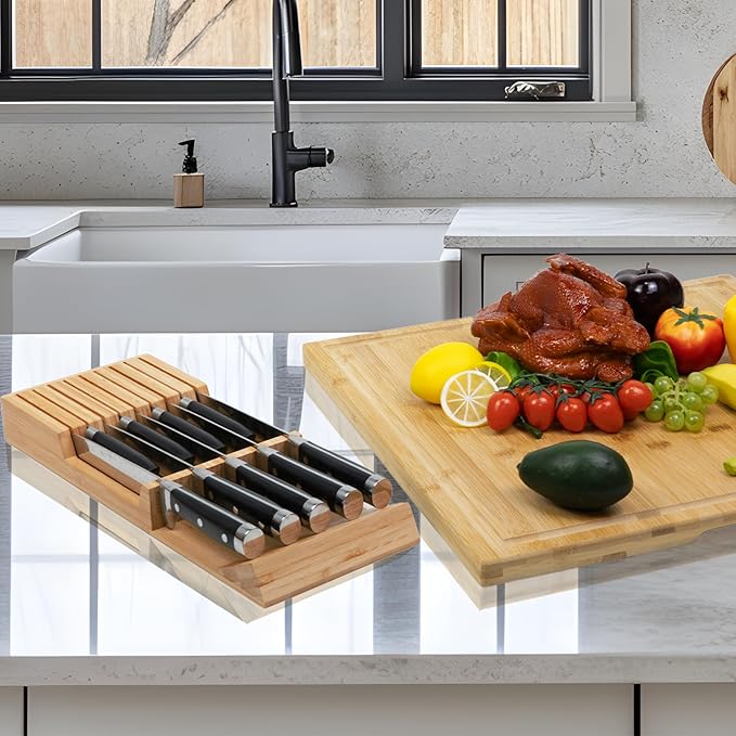 Utoplike Knife Drawer Organizer, Bamboo Knives Block for Kitchen Drawers
